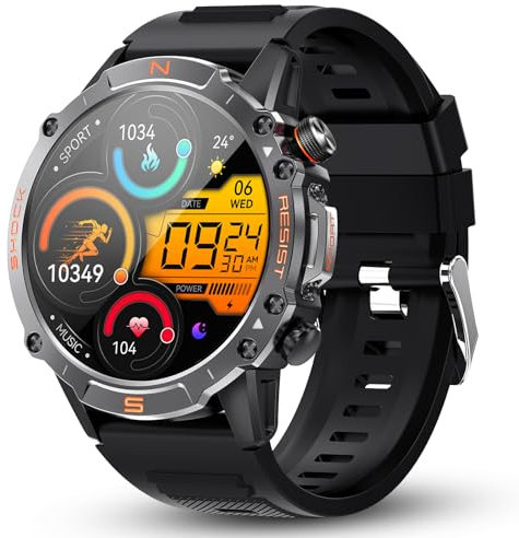 WalkerFit Montre Connectée Homme: Smart Watch Militaire Robuste et Étanche avec AMOLED 1,43, Cadeau Homme Smartwatch avec Podomètre Batterie de 410mAh, 120+ Modes Sport, Compatible Android/iOS