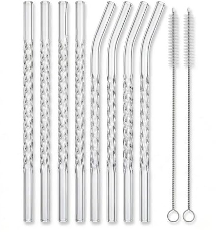 YUTRENN Wiederverwendbare Glasstrohhalme, transparent, gedrehte Form, 4 gebogene Strohhalme, 4 gerade Trinkhalme, 2 Reinigungsbürsten, 20,3 x 0,8 cm dick, Klarglas-Trinkhalm für Becher