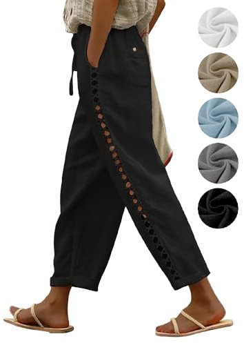 Puimentiua Sommerhose Damen Leicht,Sommer Leinenhose,7/8 Weiße Hose,Luftig Sommerhosen,High Waist Linen Pants,Elegant Stoffhose,Lockere Ausgehöhlt Hosen mit Tunnelzug und Taschen (Schwarz,S)