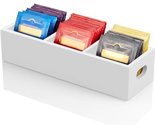 DRASTAR Organizer per bustine di tè, porta bustine di tè in legno, con 3 scomparti, mini organizer per tè da tavolo, porta bustine di zucchero, contenitore per bustine di tè, bianco