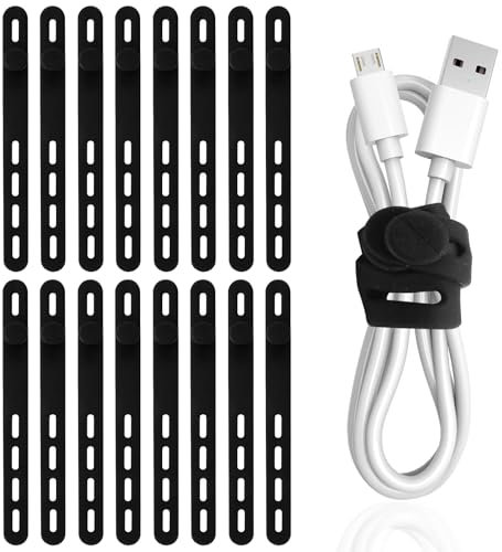 TamBee Silicone Cable Ties Reusable Cable Straps 16pcs Black Cable Wire Ties Cable Cord Organizers for Earphone Phone Charger Audio Cable Computer (16Pcs, Black)