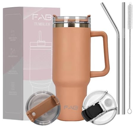 FAB | 40oz Tumbler with Straw, 2Lids and Handle | Stainless Steel Insulated Cup for Hot & Cold Drinks | Double Wall Travel Flask | Iced Coffee Mug| Beige