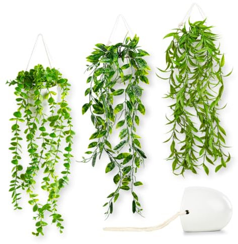 PASCH® 3er Set künstliche Hängepflanzen (60cm) in Wandvasen aus weißer Keramik: Direktes Aufhängen and der Wand | künstliche Pflanzen wie echt | Kunstpflanzen hängend | Kunstpflanze hängend im Topf