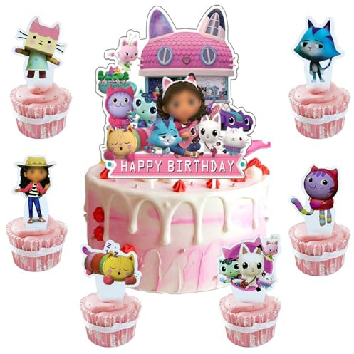 Mizijia Pack of 25 Gabys Dolhouse Cake Decoration Set for Girls, Children's Birthday Party Supplies, Happy Birthday Cake Topper Set