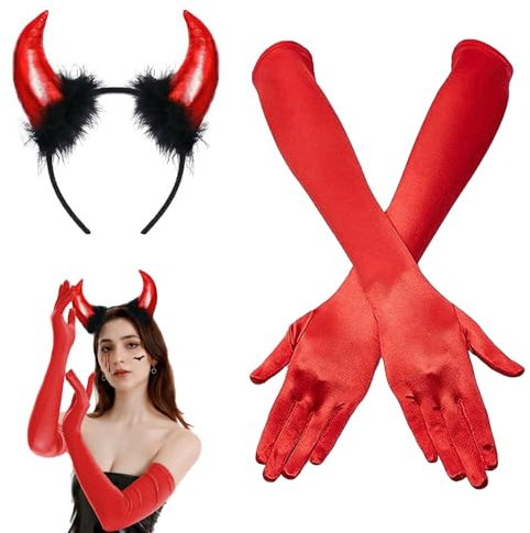 YUNHENTONG Accessoire Déguisement Diable Halloween Femme, Serre Tete Corne Demon, Gants Longs en Satin Rouge, Deguisement Halloween pour Filles Femmes Accessoires de Cosplay D'Halloween