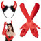 YUNHENTONG Roter Teufel Halloween Kostüm Zubehör, Teufelshörner Rot Haarreifen, Rot Satinhandschuhe, Teufel Kostüm Zubehör für Mädchen Damen Halloween Cosplay Accessoires