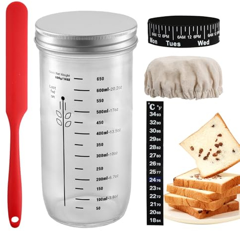 volumoon Barattolo Lievito Madre, 730ml Barattolo Fermentazione con Fascia per l'Alimentazione dei Datteri, Termometro, Copertura in Tessuto, Raschietto, Coperchio, Barattoli per Lievito per Pane