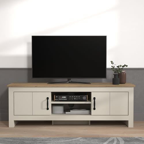 Galano Laverton TV Unit – White TV Cabinet, TV Stand Unit and TV Table with 2 Doors – Modern TV Bench for Living Room, Fits up to 55 TV (Grey/Oak)
