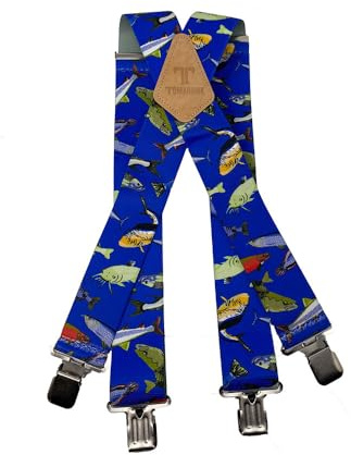 Tomahawk Heavy Duty Braces, Adjustable, Unisex Suspenders, Strong Clasp (Fishermans Mixed Fish Blue)