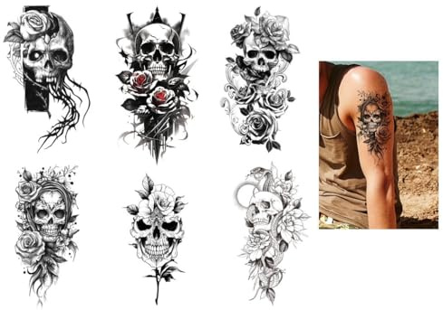6 Blätter Temporäre Totenkopf und Rosen Skull Tattoo Fake Deadhead Arm Tattoo Skull & Roses6