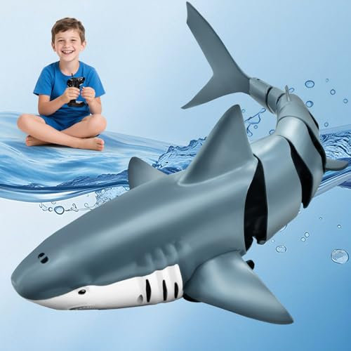 YOOHBERRYS Très Grand Requin Telecommandé, 2.4 GHz Jouet Requin Télécommandé, Jouets de Piscine avec Fonction Plongée, Jouet Piscine Cadeau pour 6+ Ans Garçon Fille (Lumières et Jets d'eau)