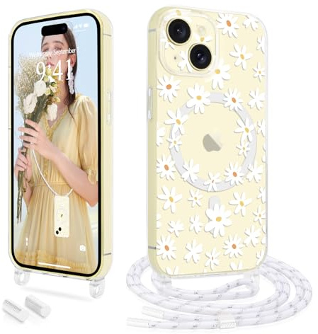 Ethanger Coque Magnétique pour iPhone 15 avec Cordon, Blanc | Coque Motif de Fleur Transparente pour Femme Fille, Housse Bumper Silicone Protection Antichoc