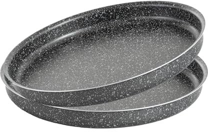 Bandeja de horno redonda para pizza y farinata, 34 cm, fabricada en Italia, revestimiento antiadherente alto, de aluminio, ligera y fácil de limpiar, efecto piedra, línea Vulcania (2 bandejas)