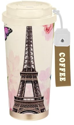 Romantic Parisian Iron Tower with Flowers Pink Decorative Coffee Travel Tumblers For Women With Lid Coffee Mug On Go Stainless Steel Coffee Cup For Car For Hot And Cold 17 oz Spill