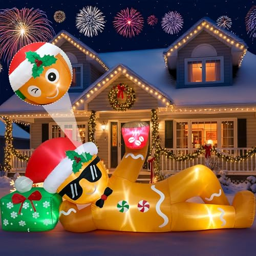 GUDELAK 300cm Aufblasbare Weihnachtsdeko Außen, Faulenzen Weihnachtsdeko Aufblasbar Lebkuchenmann, IP44 Wetterfest Weihnachtsdeko Aussen Aufblasbar mit LED Beleuchtung Gebläse für Hof Rasen Garten