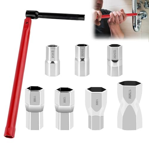 Chiave Rubinetto Lavello, Chiave per Dadi Rubinetti con 7 Bussole Intercambiabili 8-17mm, Chiave per Rubinetto Sottolavello, Chiave a Tubo, Utensile per L'installazione dei Rubinetti per Bagno, Cucina