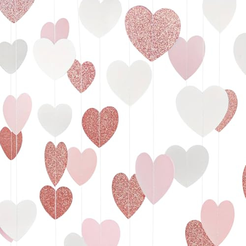 4 Stück Rose Gold Glitzer Herz Girlande Rosa Liebe Herzen Banner Herzförmige Papierschlangen Valentinstag hängende Luftschlangen Hintergrund Brautdusche Girlanden für Hochzeit Geburtstag Dekorationen