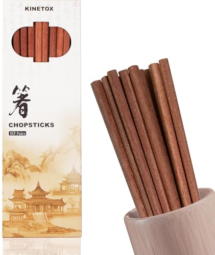 KINETOX Wooden Chopsticks 10 Pairs Chinese Resusable Chopsticks Dishwasher Safe Chop Sticks for Beginners for Sushi Rice Noodles Asian Dishes Reddish Brown