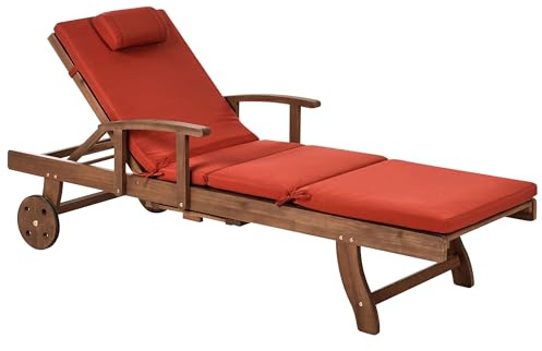 Beliani Acacia Wood Garden Sun Lounger Reclining with Wheels Classic Design with Red Cushion Amantea Premium