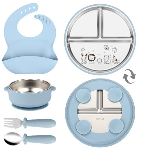 OXYEFEI Edelstahl Teller Baby, Kindergeschirr Set mit Tiermotiven | Baby Teller mit Saugnapf Geburtstagsgeschenke für Babys, Taufgeschenke (Blau, Tier 2)