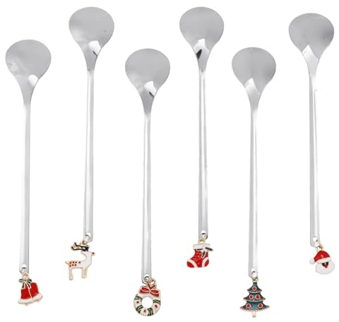 6pcs Christmas Stirring Spoons, 6 Style Stainless Steel Christmas Tea Coffee Spoons with Kawaii Santa Claus Xmas Tree Bell Wreath Stocking Elk Pedant for Drinks Dessert Xmas Party Favor
