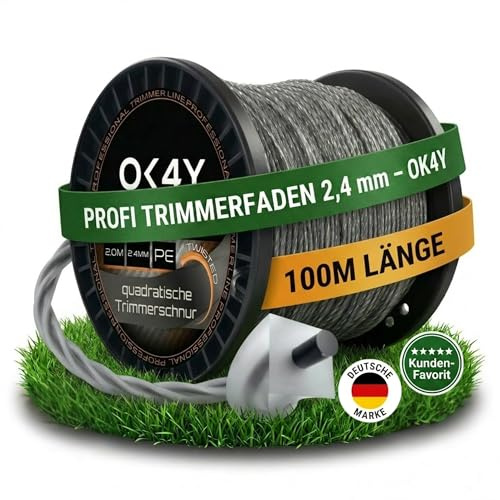 OK4Y Trimmerfaden 2,4 mm – Quadratischer Nylon Mähfaden für Rasentrimmer, Freischneider & Motorsensen – Profi-Faden für Gras, Unkraut, Gestrüpp & dichte Vegetation – Grau glänzend, langlebig & präzise