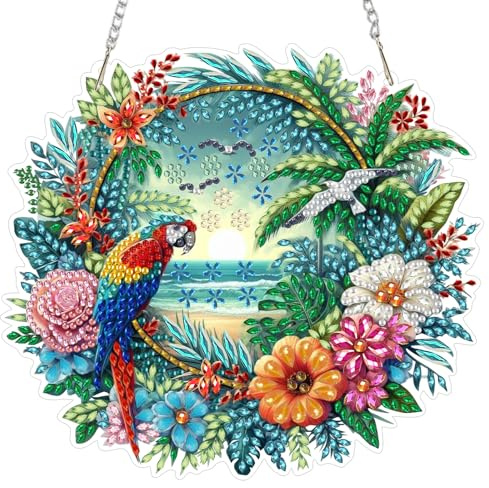 MEIYUDA Hanging 5D DIY Diamond Art Kits Adults, Beach and Flowers Diamond Painting Kit for Beginners Kids Suncatcher, Arts and Craft Kits for Adults Kids Home Wall Decor