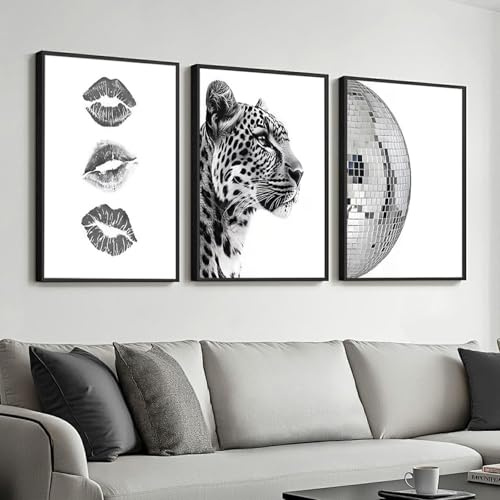 CULASIGN Schwarz Weiß 3er 3er Poster Set, Leopard Discokugel Lippen Aesthetic Retro Leinwand Wandbilder, OHNE Rahmen Wanddeko für Party Wohnzimmer (40 x 50 cm)