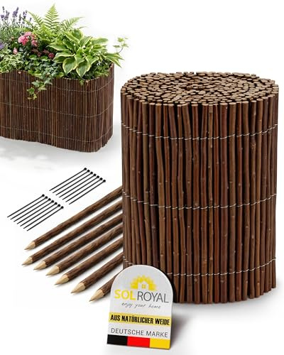 Sol Royal Beeteinfassung Weide zum Stecken Gartenzaun mit 7 Pflöcken Holz | 20cm hoch 300cm lang inkl 14 Kabelbinder flexible Rasenkante Steckzaun Weidenzaun Beetumrandung Beetabgrenzung Garten WB79