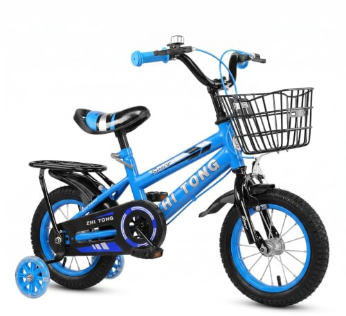 ALIESTFDNO Kinderfahrrad für ab 2 3 4 5 Jahre Mädchen & Jungen, 14 Zoll Kinderfahrräder mit Stützrädern, Höhenverstellbar Kinderfahrrad mit Korb und Rücksitz, Fahrrad für Schulung Outdoor (Blau)