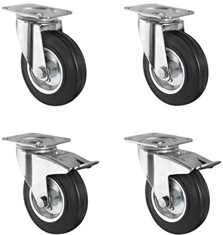 CASCOO SETSPTP160SWS4R0N Rollensatz 2 Lenkrollen-, 2 mit Feststeller, Stahlfelge, Vollgummi, Durchmesser 160 mm, Transportrollen, Rollenlager, Traglast 405 kg (4-er Pack)