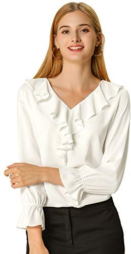 Allegra K Chemisier en Mousseline de Soie pour Femmes à Col en V et à Volants Blouse Manches Bouffantes d'Été