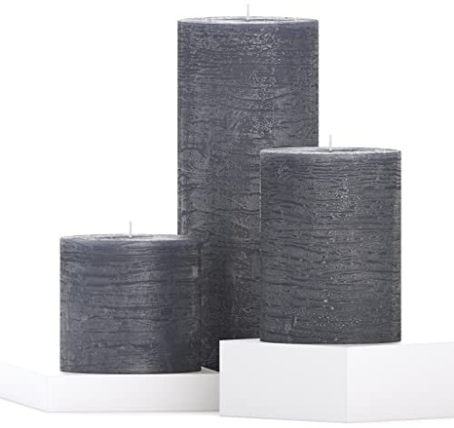 CANDWAX Assorted Pillar Candle Set of 3 - Dark Gray, Unscented - Sizes 7.6/10.2/20.3 cm - Ideal for Weddings & Home Decor