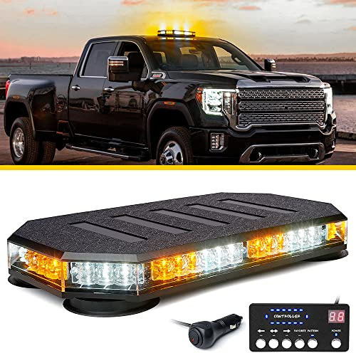 LUMENIX 42 LED Roof Top Strobe Beacon Light Bar Hazard Warning Emergency Flashing Plow Lights with Controller for Construction Vehicles Tow Trucks Postal Cars Snowplow Amber White (Patent Design)