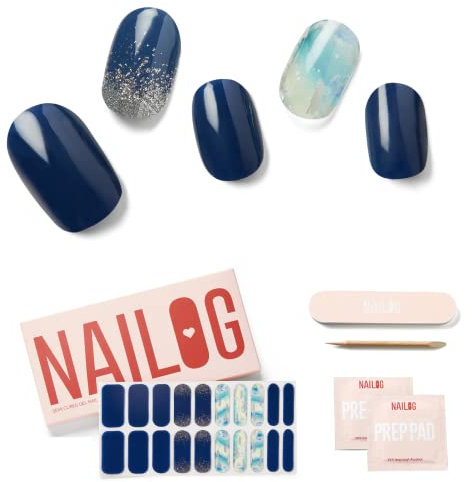 NAILOG Halbgehärtete Gel-Nagelstreifen - 20 Stück Langanhaltende Nagellackstreifen, Nagelaufkleber in Salonqualität, Nail Art Wrap Kit Mit Glänzendem Finish, Lake Dawn