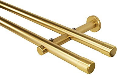 iso-design Gardinenstange 2-läufig 20 mm Durchmesser Farbe Messing matt, Komplettset aus Metall, Vorhangstange zur Wandmontage, mit Wandhaltern und Endstück Kappe, 200 cm