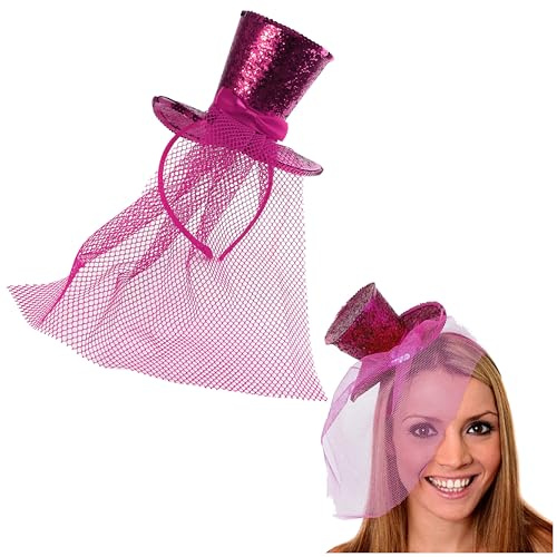 Chapeau haut-de-forme à paillettes pour femme - Mini chapeau haut-de-forme à paillettes avec voile bibi assorti - Accessoire de déguisement d'Halloween ou de Noël