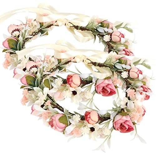 HuaLiSiJi Blumenkranz Haare Rosa, Haarkranz Boho Blumenkranz Rose Floral, Schön Gearbeitet der Blumenkrone, Individuell Einstellbar Durch Ein Band (2PCS Rosa)