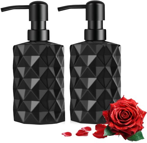 Glass Soap Dispenser, 330 ml/11 oz Hand Liquid Dispenser, Black Soap Dispenser Bottle, Refillable Hand and Dish Dispenser with Metal Pump, Glass Shampoo and Conditioner Bathroom Set for Bathroom