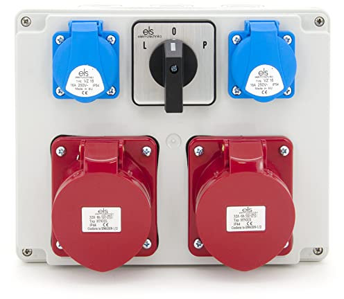 ELS Elektrotechnika Stromverteiler Wandstromverteiler Schuko Steckdosen 2x 230V + 2x CEE 32A + L-0-P Nockenschalter, verkabelt, Anschlußfertig, für Baustelle, Werkstatt, Garage, IP44