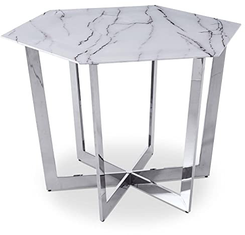 Menzzo Table hexagonale 120cm Zadig Verre Effet marbre Blanc et Pied Métal Argent