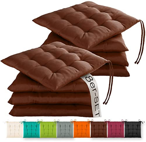Gräfenstayn® 8er-Set Sitzkissen 40x40x3cm mit Haltebändern für Indoor und Outdoor mit Öko-Tex Siegel - (Braun)
