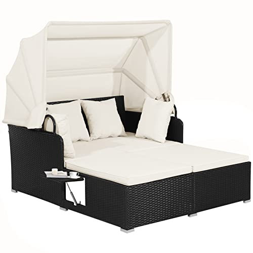 COSTWAY Chaise Longue à 2 Places en Rotin avec Auvent Rétractable, Bain de Soleil avec Panneaux Latéraux Pliables Coussins d’Assise et Dossier Épais, Transat Jardin Charge Total 360KG (Blanc)