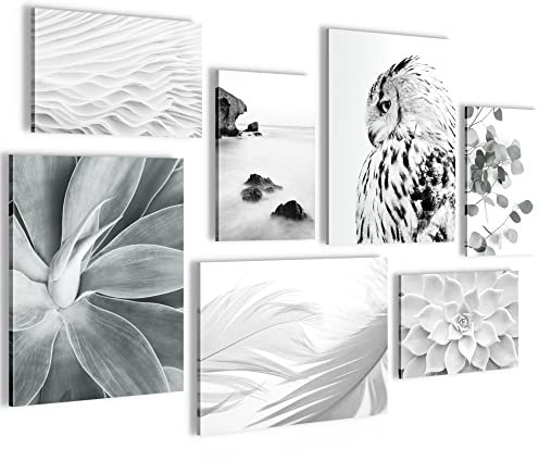 Novart Wandbilder Natur Eule - KOMPLETT AUFHÄNGFERTIG - Schwarz Weiss Wohnzimmer Schlafzimmer - 7 Moderne Mood-Bilder - N023871a