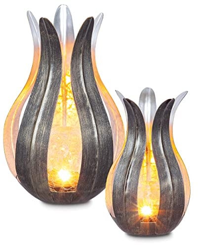 Esotec Blumen Solarleuchte Lilie, 2er Set, silber, 12+15cm, Crackle Bruchglas Solarkugel, Akku, Solarmodul, Dekoleuchte, Blumenleuchte, Gartenleuchte, metall, außen, wetterfest, outdoor 103113