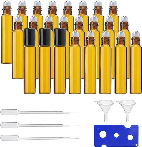 PRECIPETTE 24PCS Essential Oils Roller Bottles, 10ml Glass Roller Bottles Amber, Refillable & Reusable, for Fragrance Aromatherapy