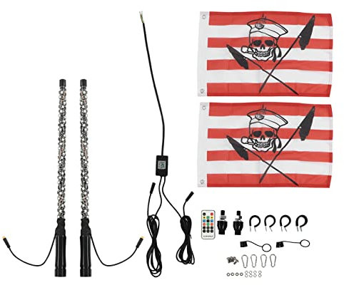 Fouet LED avec 2 Drapeaux, Contrôle par Application 20 Couleurs Lumineuses, 300 Motifs, 366 Modes, Antenne éclairée pour UTV ATV Hors Route, Camion, Sable, Dune (2 Pieds)