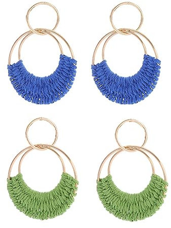 FDEETY Bohemian Raffia Ohrringe - Handgefertigte Stroh Wicker Rattan Hoop Ohrringe für Damen (Blau + Grün)