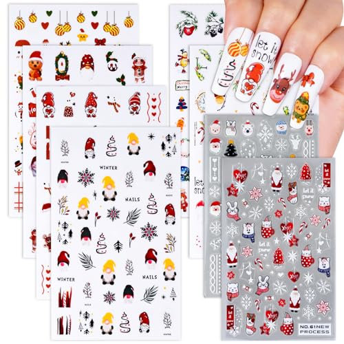 BETESSIN 8 Blatt Nagelsticker Weihnachten Selbstklebend Rot Nagelaufkleber Winter Nagelfolien Weihnachtsmann Weihnachten Nail Art Stickers DIY Nageldesign