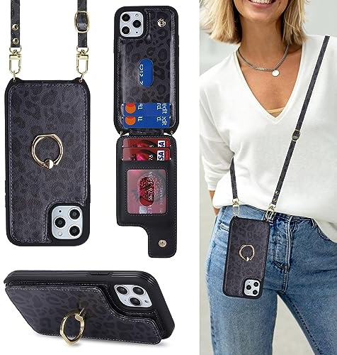 Cavor Phone Case compatible with iPhone 11 Pro With Card Holder With Lanyard Strap,Flip Leather Wallet Case,Ring Kickstand Shockproof Cover Case compatible with iPhone 11 Pro - Black Leopard